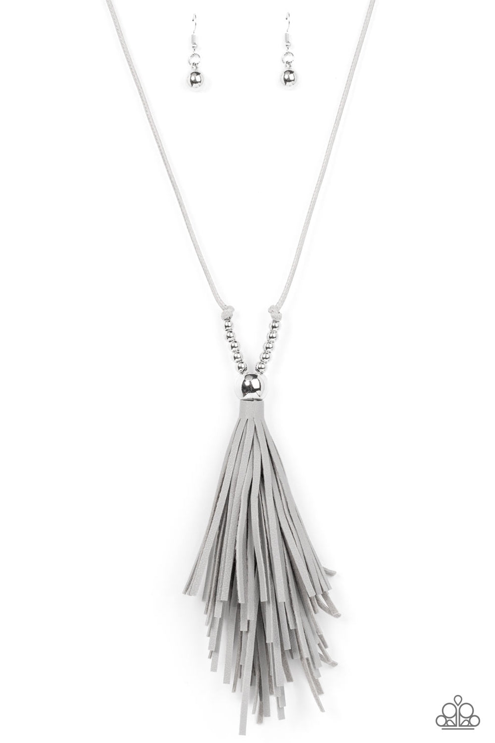 Paparazzi Accessories - A Clean Sweep - Silver Tassel Necklaces an exaggerated Ultimate Gray leather tassel flares out from the bottom of a stack of silver beads knotted in place at the bottom of shiny Ultimate Gray cording, resulting in a dramatically rustic pendant. Features an adjustable clasp closure. Sold as one individual necklace. Includes one pair of matching earrings.
