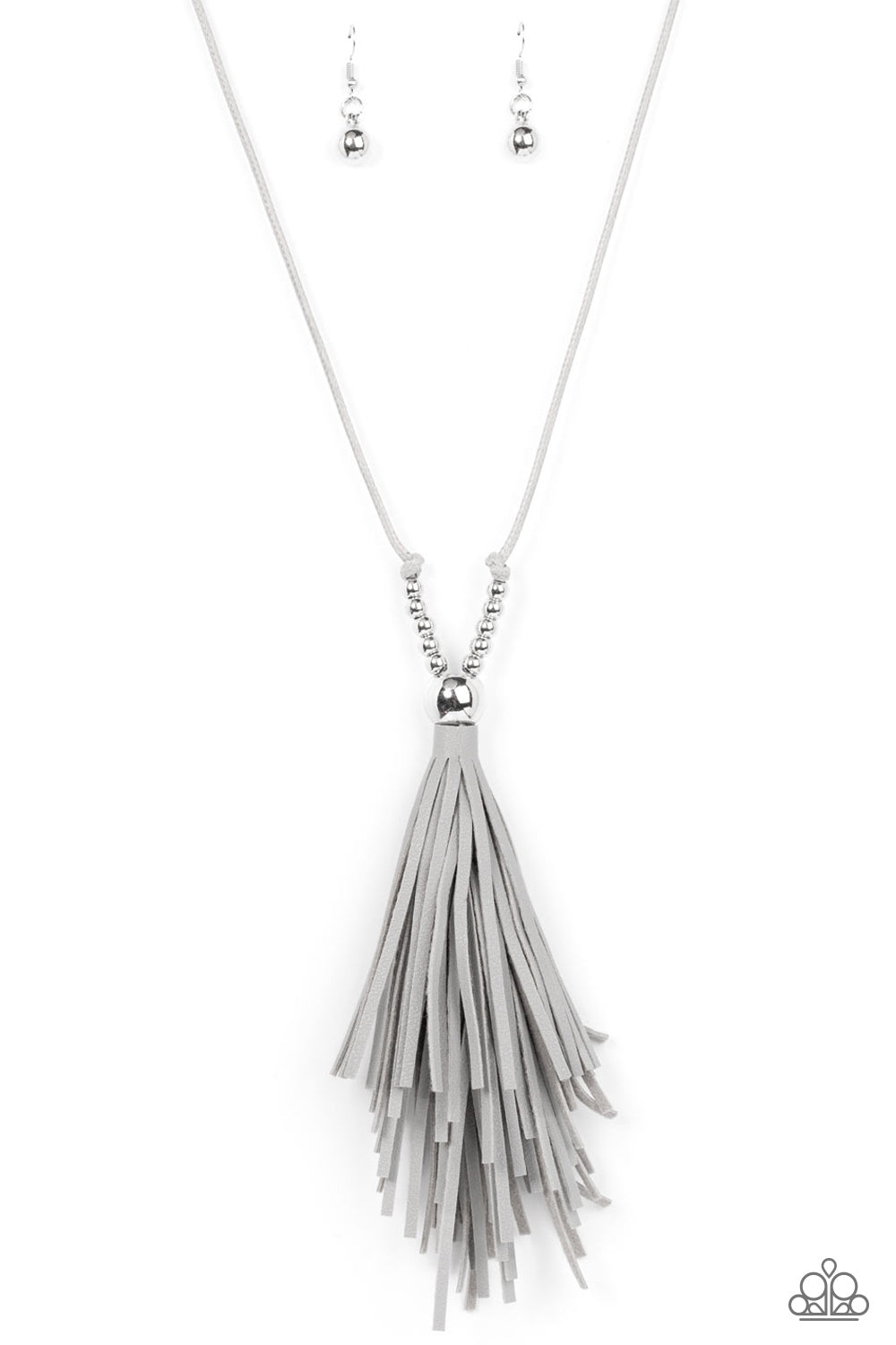 Paparazzi Accessories - A Clean Sweep - Silver Tassel Necklaces an exaggerated Ultimate Gray leather tassel flares out from the bottom of a stack of silver beads knotted in place at the bottom of shiny Ultimate Gray cording, resulting in a dramatically rustic pendant. Features an adjustable clasp closure.  Sold as one individual necklace. Includes one pair of matching earrings.