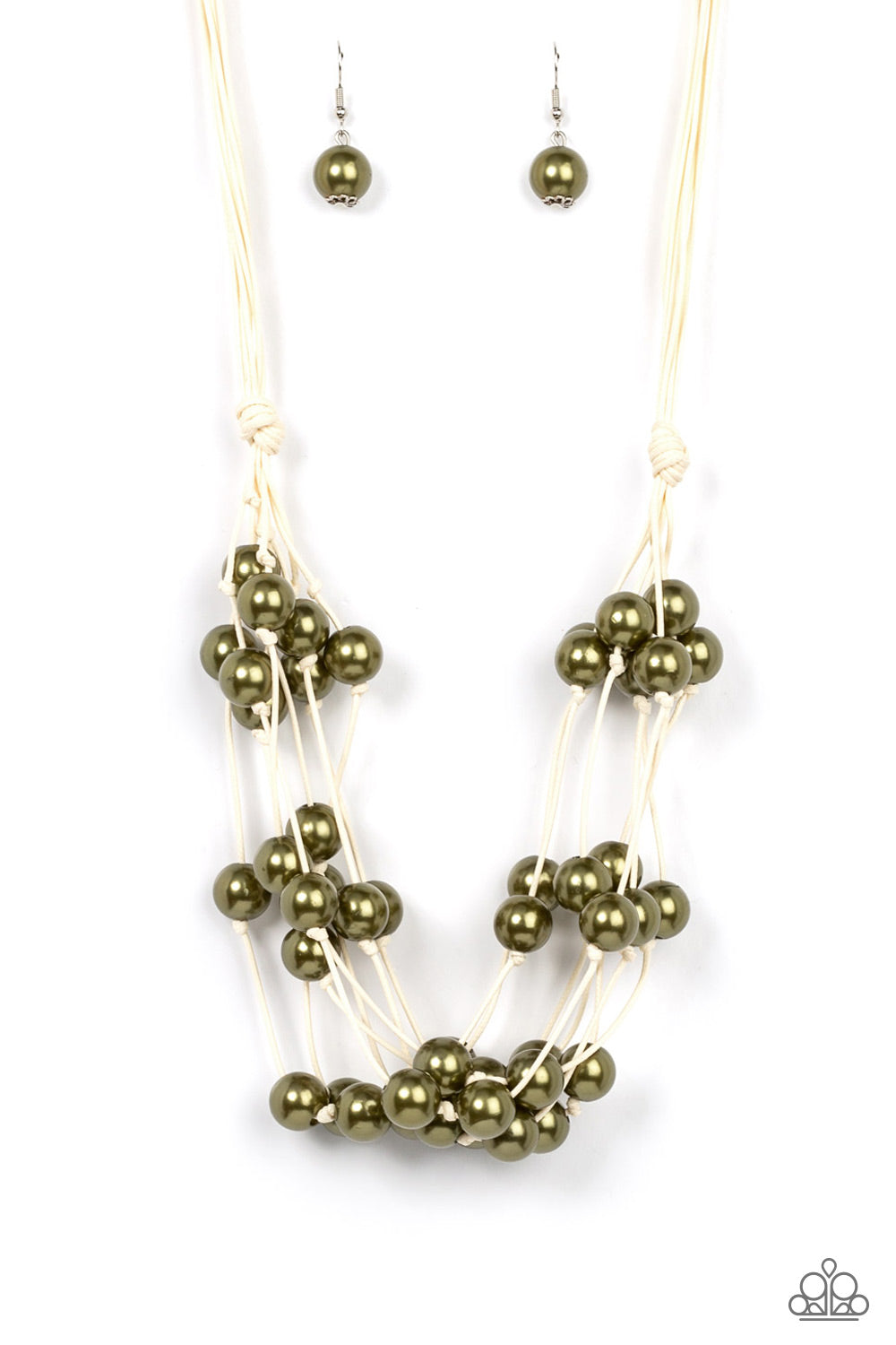 Paparazzi Accessories - Yacht Cacth - Green Beaded Necklaces a collection of bubbly green pearls are knotted in place along strands of white cording, resulting in boisterous layers below the collar. Features a button-loop closure. Sold as one individual necklace. Includes one pair of matching earrings.