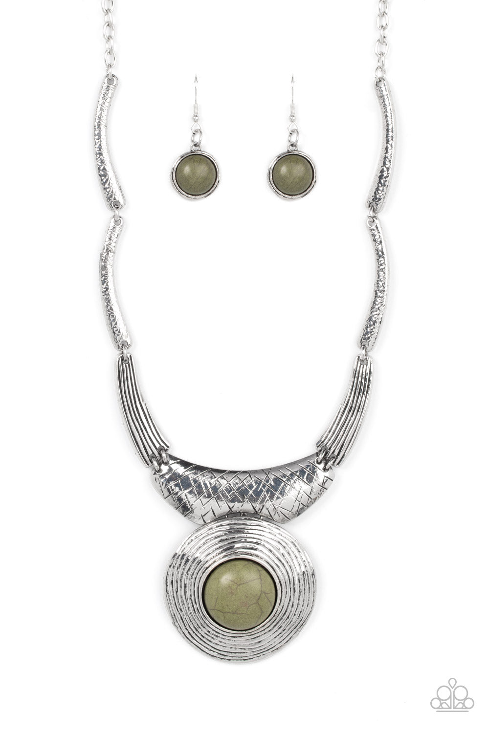 Paparazzi Accessories EMPRESS-ive Resume - Green Necklaces featuring hammered, scratched, and linear patterns, an antiqued assortment of gently curving silver frames boldly links below the collar. Dotted with an oversized Olive Branch stone center, a rustic silver frame radiating with circular texture swings from the bottom for a dramatically earthy flair. Features an adjustable clasp closure. Sold as one individual necklace. Includes one pair of matching earrings.