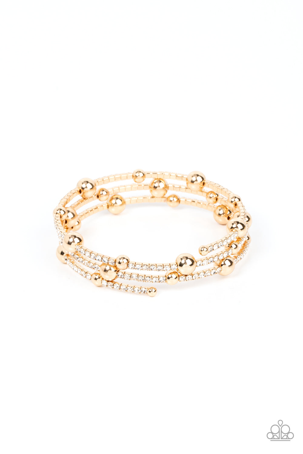 Spontaneous Shimmer - Gold Coil Bracelet spontaneously interrupted by glistening gold beads, a sparkly strand of white rhinestones coils around the wrist, resulting in an irresistible infinity wrap bracelet. Sold as one individual bracelet.