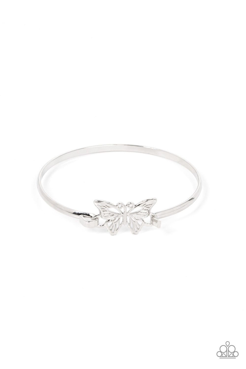 Did I Flutter? - Silver Butterfly Bangle Bracelets attached to a shiny silver bangle-like bracelet, a silver butterfly flutters atop the wrist for a dainty fashion. Features a hook and eye closure. Sold as one individual bracelet.