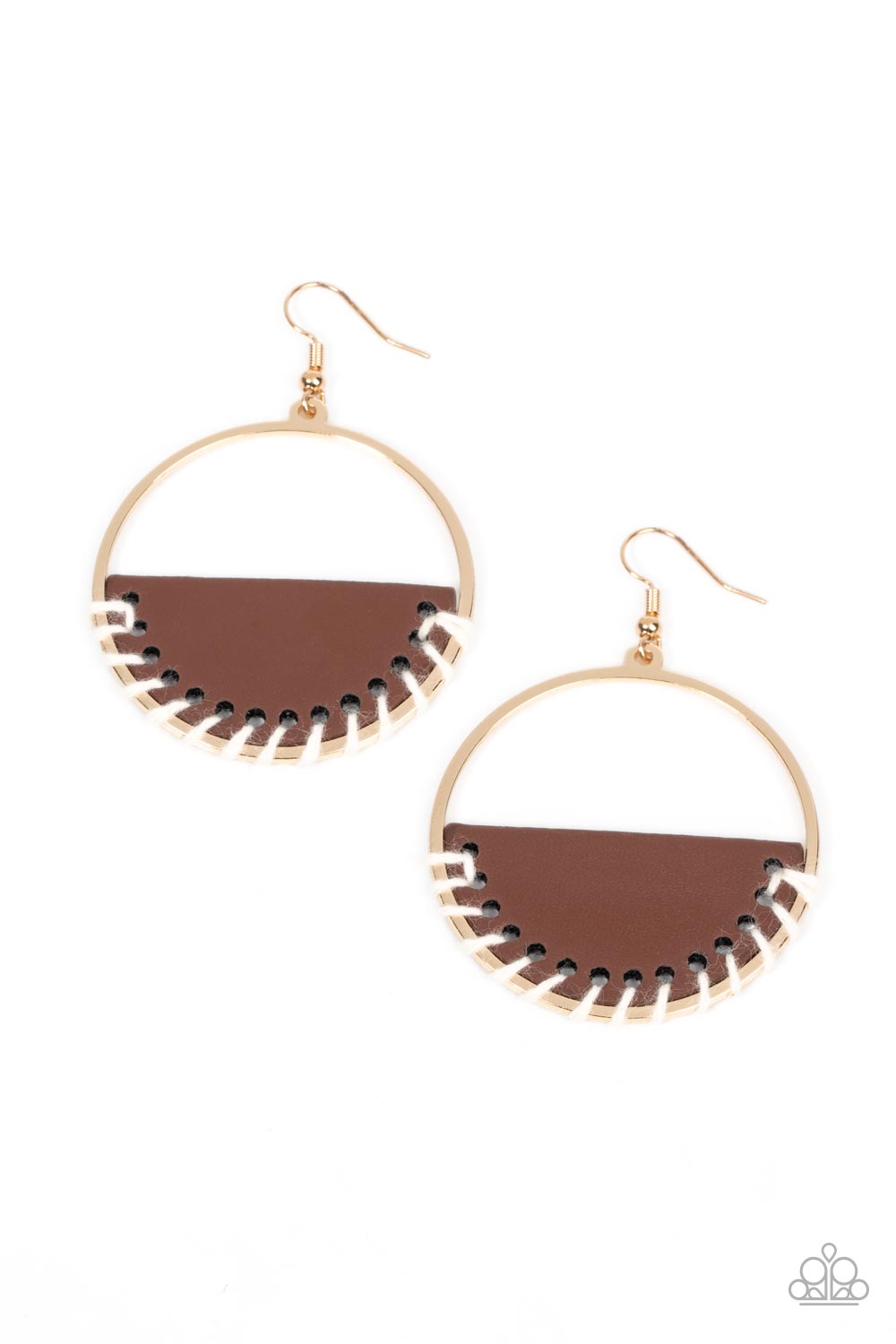 Paparazzi Accessories - Lavishly Laid Back - Brown Earrings white cording is threaded through the bottom of a half moon piece of brown leather, anchoring the earthy accent in place inside a glistening gold hoop for an earthy flair. Earring attaches to a standard fishhook fitting.  Sold as one pair of earrings.