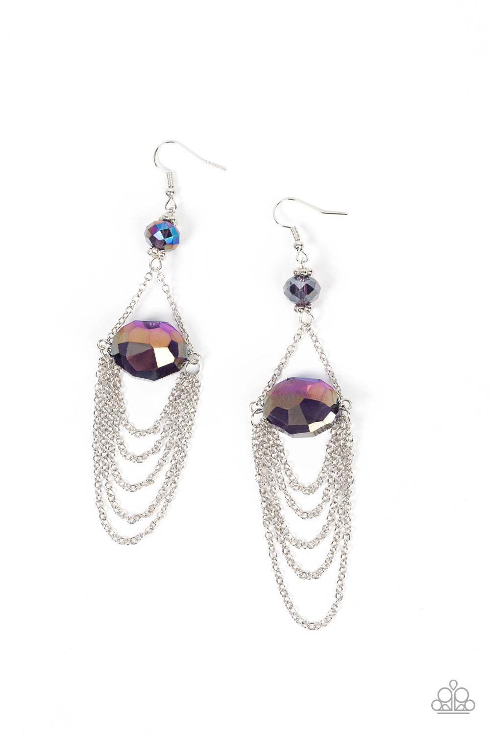 Ethereally Extravagant - Purple Iridescent Gem Earrings tiers of dainty silver chains delicately layer from an oversized oval iridescent purple gem that is suspended from a faceted matching purple crystal-like bead, resulting in an ethereal chandelier. Earring attaches to a standard fishhook fitting. Sold as one pair of earrings.