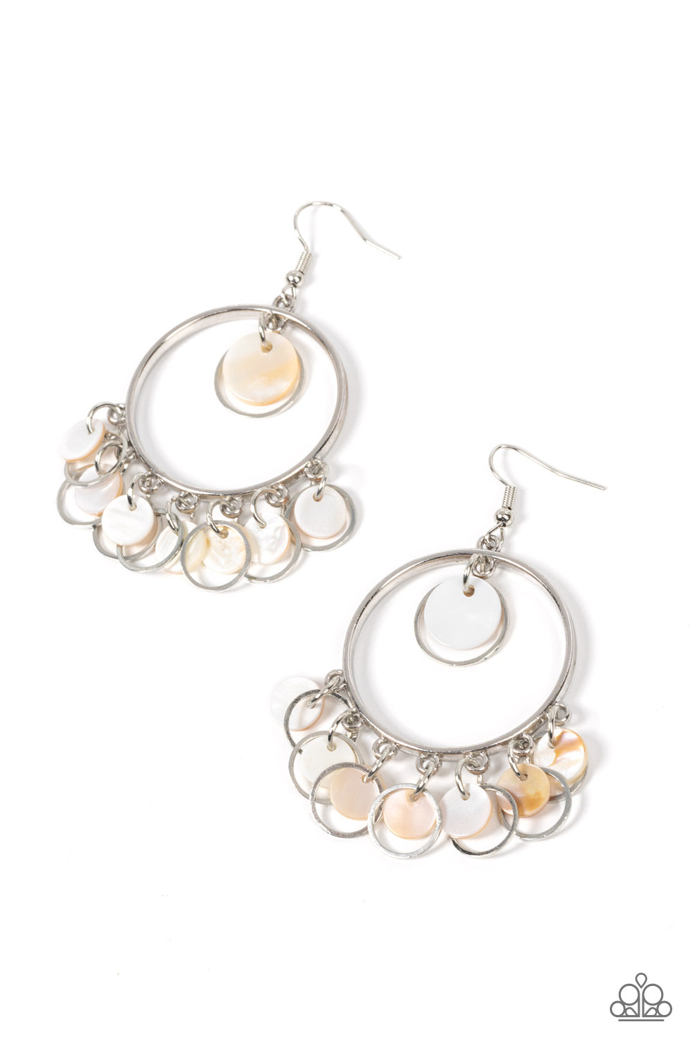 Paparazzi Cabana Charm - White Earrings a summery collection of white shell-like discs and dainty silver rings dances from the top and bottom of a shiny silver hoop, resulting in a beach inspired fringe. Earring attaches to a standard fishhook fitting.  Sold as one pair of earrings.