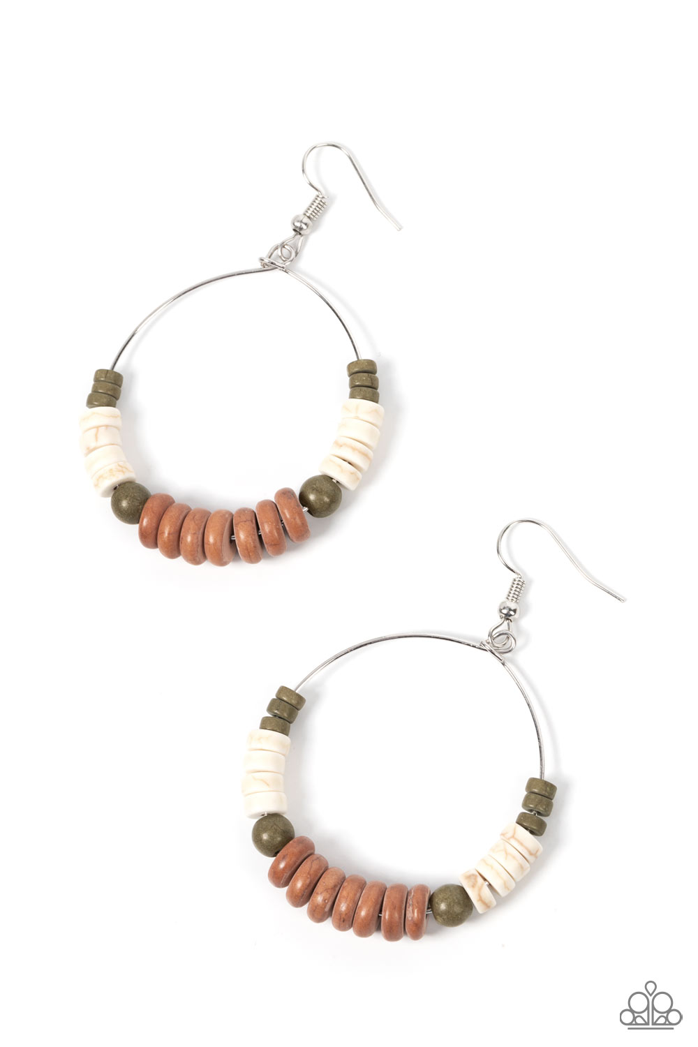 Paparazzi Accessories - Earthy Esteem - Brown Stone Earrings featuring round and disc shapes, an earthy assortment of white, brown, and green stones glides along a dainty wire hoop for an artisan inspired aesthetic. Earring attaches to a standard fishhook fitting.