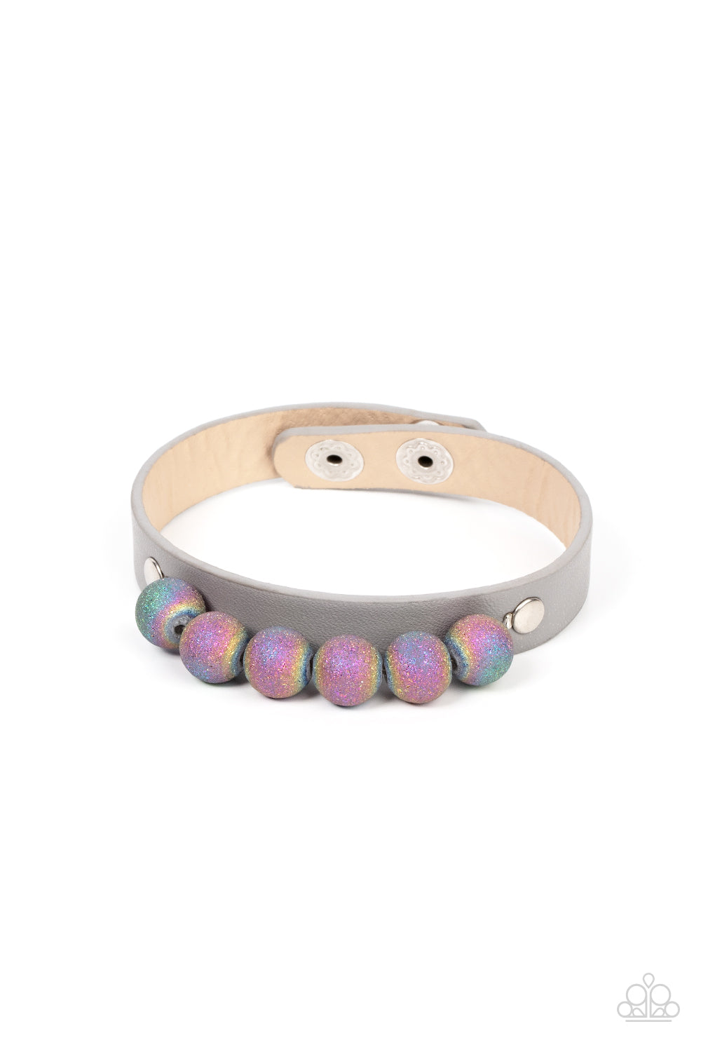 Saturn Safari - Silver Oil Spill Bead Bracelets brushed in shimmering glitter, multicolored beads swirling in an oil spill finish are threaded along a wire. The colorful collection is layered atop an Ultimate Gray leather band for an out-of-this-world finish. Features an adjustable snap closure.  Sold as one individual bracelet.
