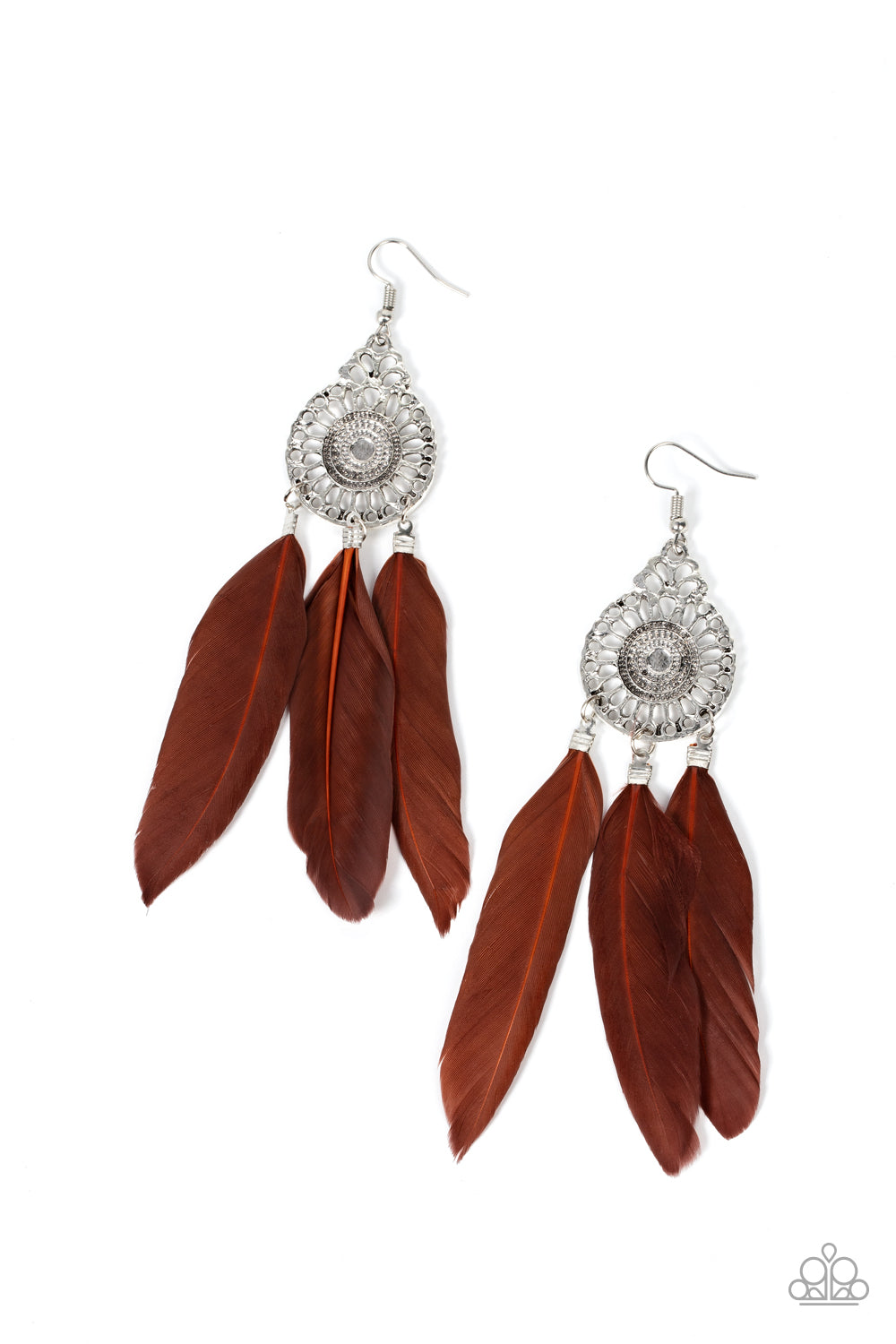 Paparazzi Accessories - Pretty in Plumes - Brown Feather Earrings three brown feathers swing from the bottom of a dizzying silver frame featuring airy filigree detail, resulting in a flirtatiously colorful fringe. Earring attaches to a standard fishhook fitting. Sold as one pair of earrings.