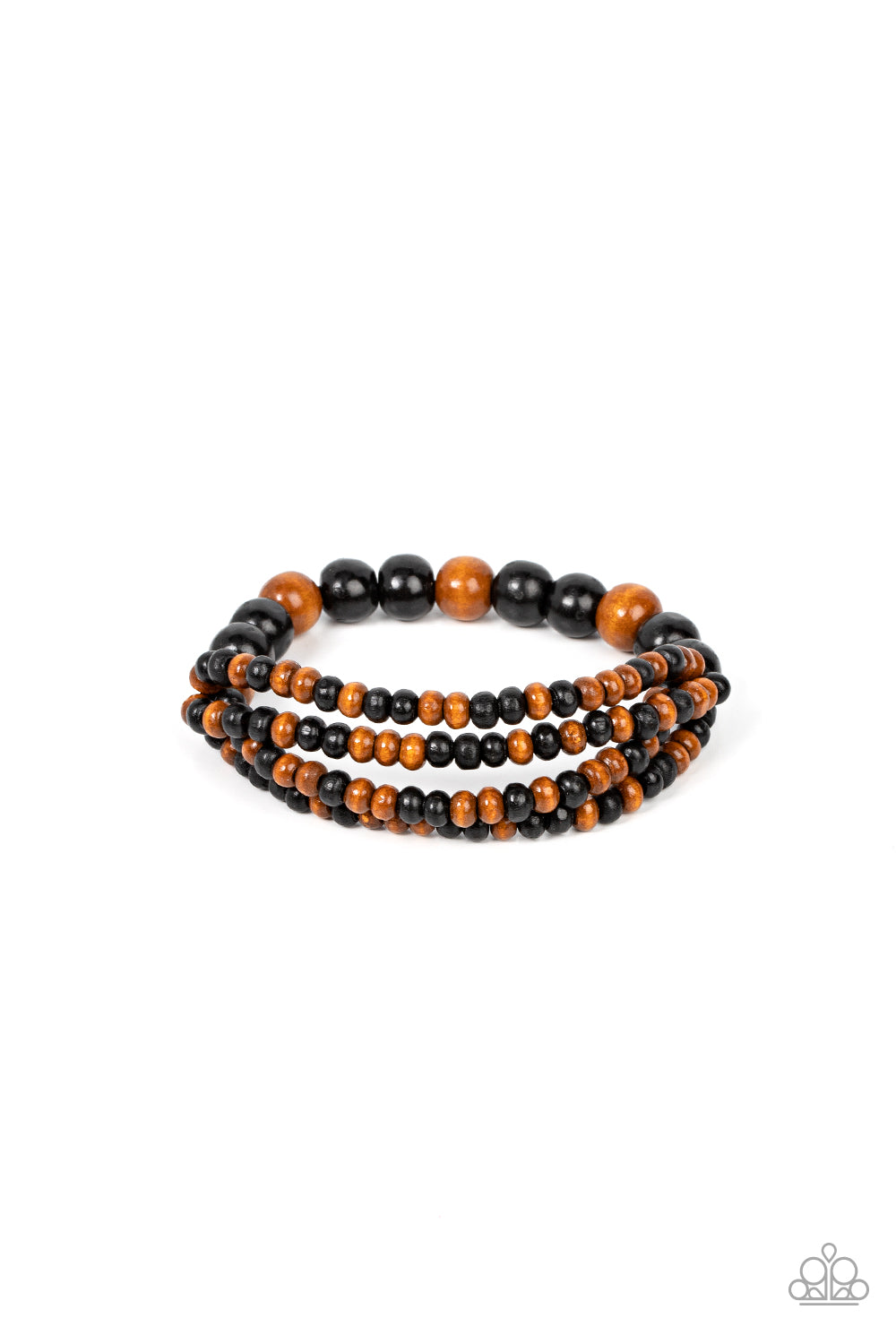 Oceania Oasis - Black Wood Bracelets stretchy strands of dainty brown and black wooden beads attach to a single strand of oversized brown and black wooden beads, resulting in colorful layers around the wrist. Sold as one individual bracelet.