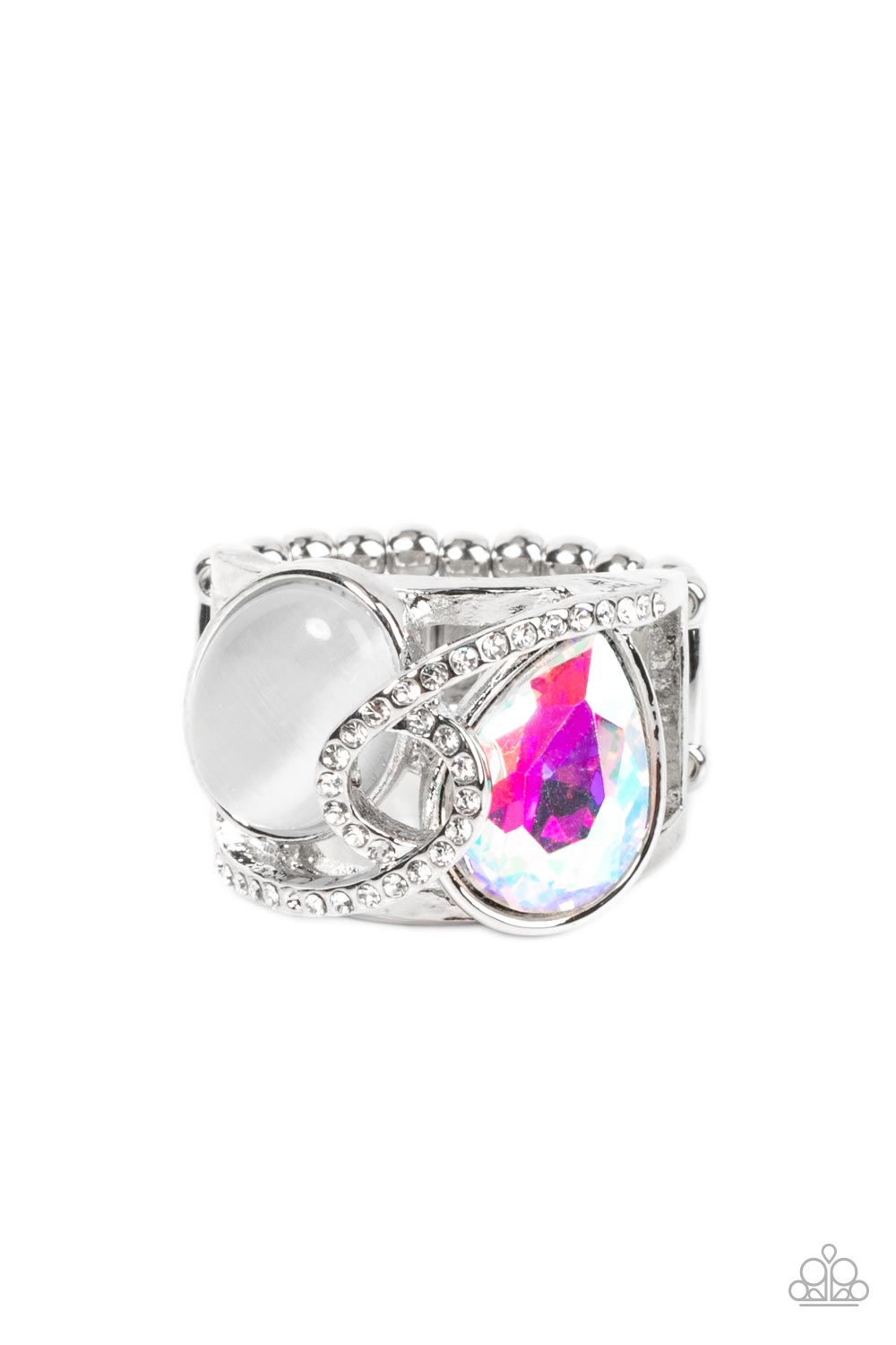 Paparazzi SELFIE-Indulgence - Multi Rhinestone Rings a white rhinestone dotted silver ribbon loops and slants over a tilted white cat's eye stone and iridescent teardrop gem, culminating into a stellar centerpiece. Features a stretchy band for a flexible fit.  Sold as one individual ring.