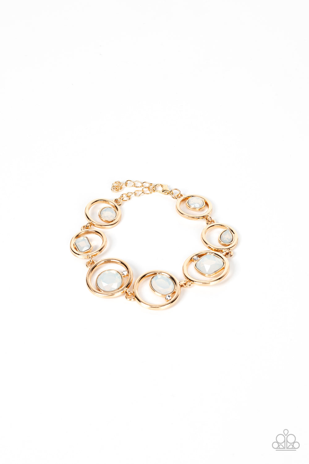 Paparazzi Date Night Drama - Gold Bracelets a sporadically infused with dainty white rhinestones, a glittery collection of round, teardrop, and emerald cut opal rhinestones haphazardly adorn the centers of interlocking gold hoops around the wrist for a mesmerizing finish. Features an adjustable clasp closure. Sold as one individual bracelet. Get The Complete Look! Necklace: "Big Night Out - Gold" (Sold Separately)