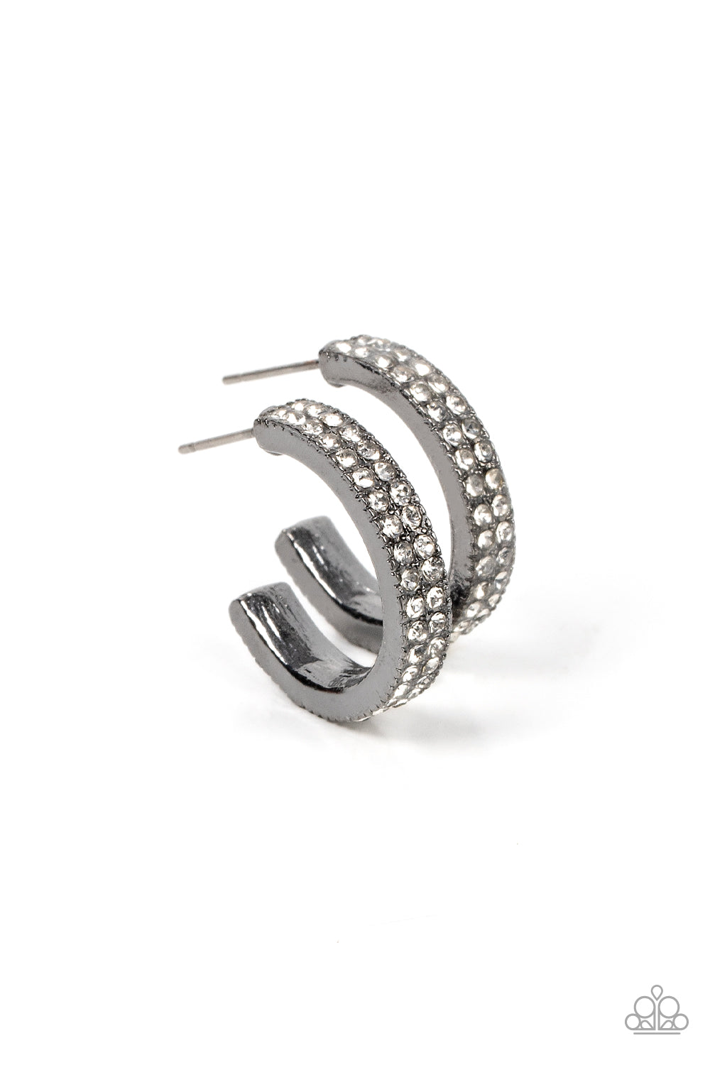 Small Town Twinkle - Black Dainty Hoop Earrings two rows of glassy white rhinestones encrust the front of a dainty gunmetal hoop, resulting in a timeless twinkle. Earring attaches to a standard post fitting. Hoop measures approximately 3/4" in diameter. Sold as one pair of hoop earrings.