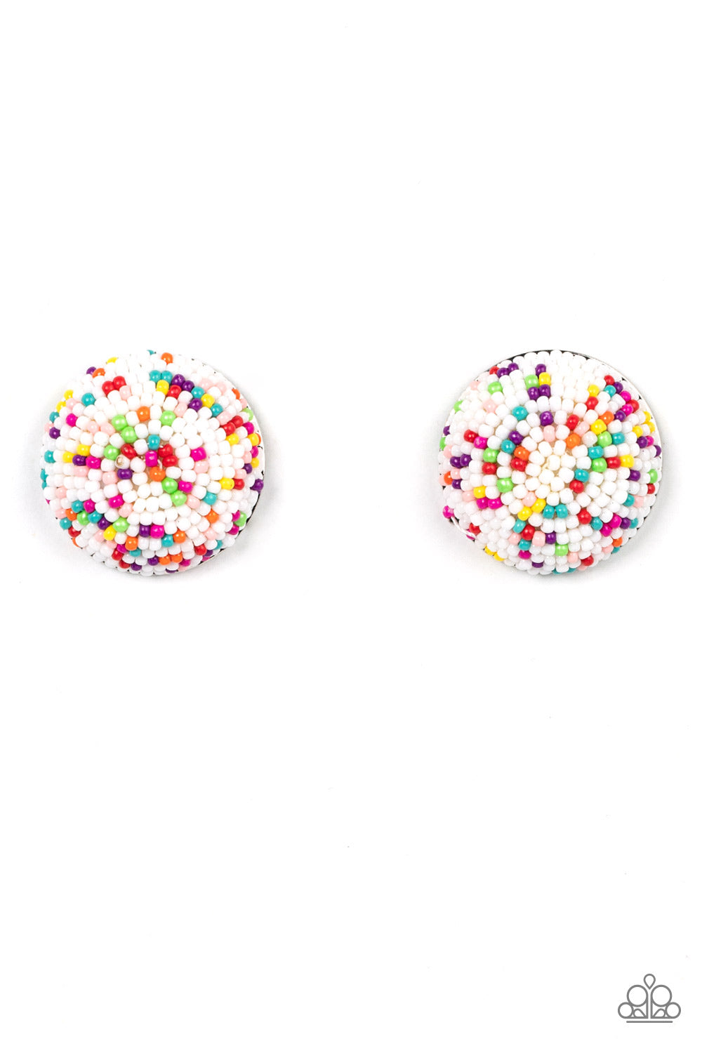 Kaleidoscope Sky - White Seed Bead Earrings a bubbly assortment of dainty multicolored beads spins around the front of an oversized and beveled silver frame, resulting in a boisterous pop of kaleidoscopic color. Earring attaches to a standard post fitting. Sold as one pair of post earrings.