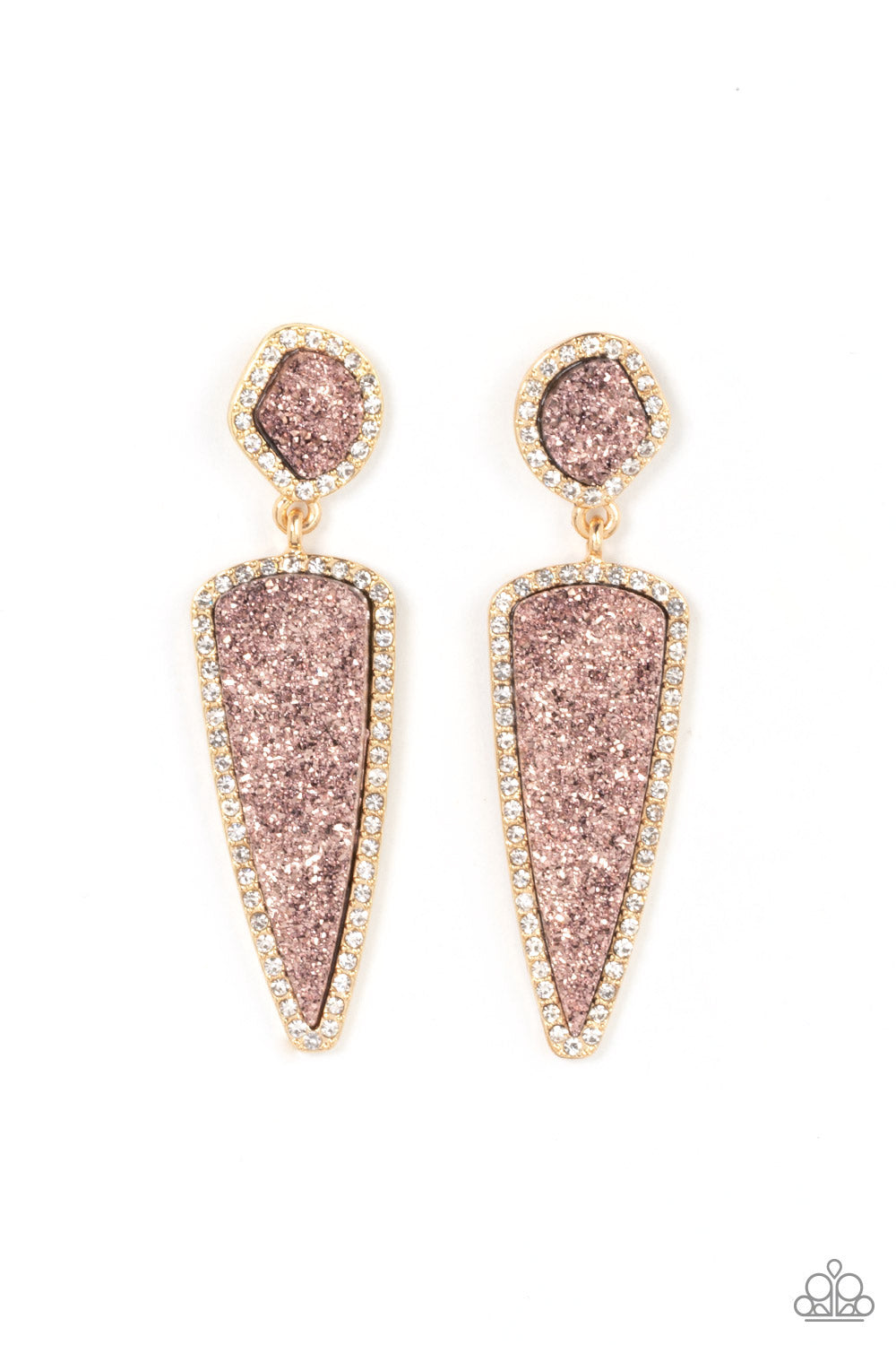 Paparazzi Accessories - Druzy Desire - Gold Earrings featuring asymmetrical and triangular cuts, a pair of pink druzy-like accents are encased inside white rhinestone dotted gold frames as they link into a jaw-dropping lure. Earring attaches to a standard post fitting. Sold as one pair of post earrings.