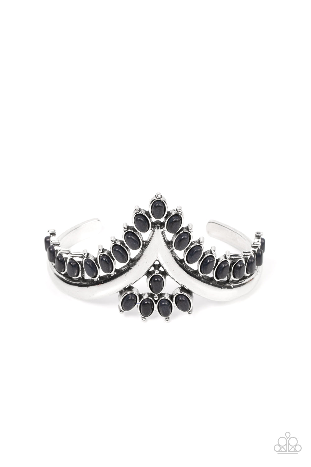 Paparazzi Accessories Teton Tiara - Black Stone Convention Bracelet black oval stones, encased in studded silver frames, line the edge of a daring V-shaped silver cuff. A gathering of black stones adorns the center of the bracelet, adding a finishing touch to the rustically regal cuff.  Sold as one individual bracelet.  2022 Glow Convention
