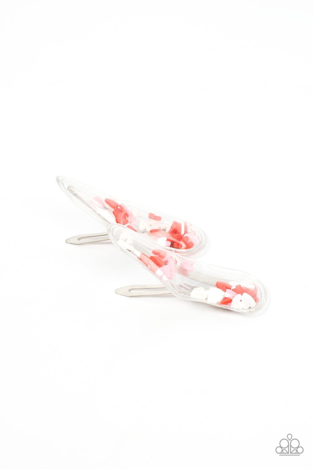 What a Sweetheart - Multi Heart Hair Clip a flirtatious collection of red, white, and pink hearts flutter back and forth inside a clear plastic frame, creating a charming eye-catching pop of color. Features standard snap hair clips on the back.  Sold as one pair of hair clips.