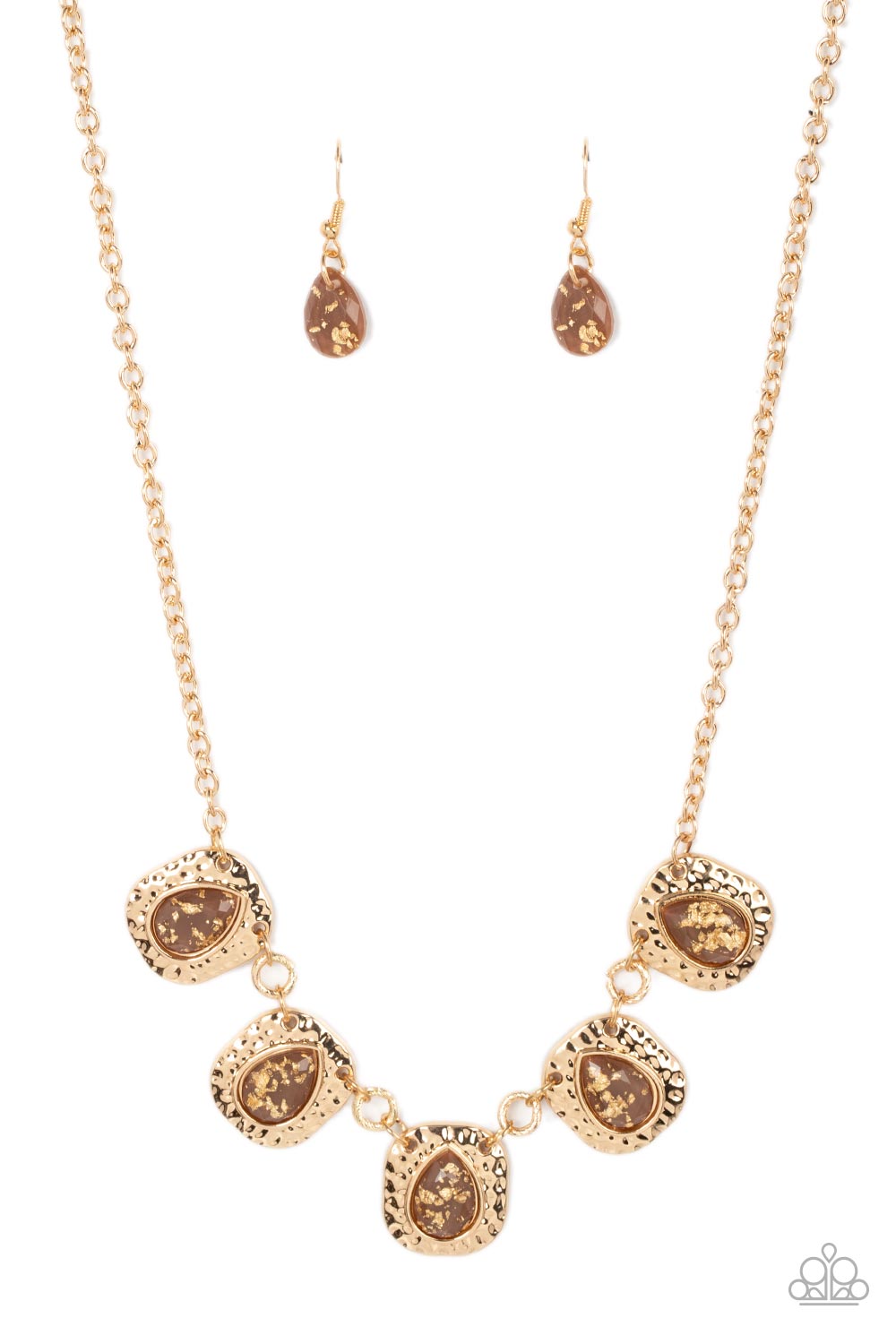 Paparazzi Accessories Mayan Masterpiece - Brown Hammered flecked in gold foil, glassy brown teardrops are pressed into hammered gold frames that delicately link below the collar for a dash of refined shimmer. Features an adjustable clasp closure.  Featured inside The Preview at GLOW!  Sold as one individual necklace. Includes one pair of matching earrings.