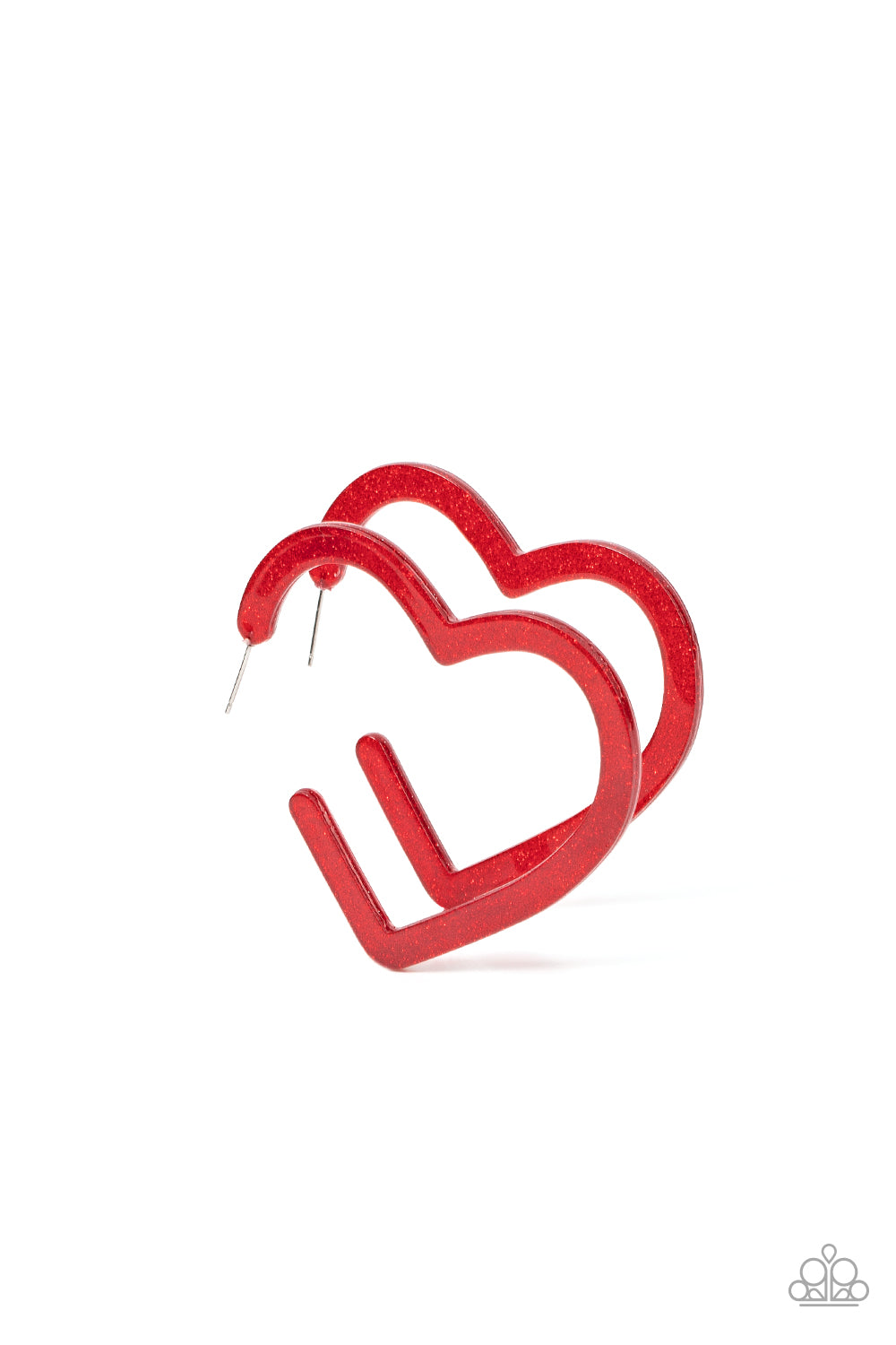 Heart-Throbbing Twinkle - Red Heart Hoop Earrings dusted in sparkles, a red acrylic frame delicately curls into a flat heart frame for a flirtatious finish. Earring attaches to a standard post fitting. Hoop measures approximately 2 1/2" in diameter.  Sold as one pair of hoop earrings.