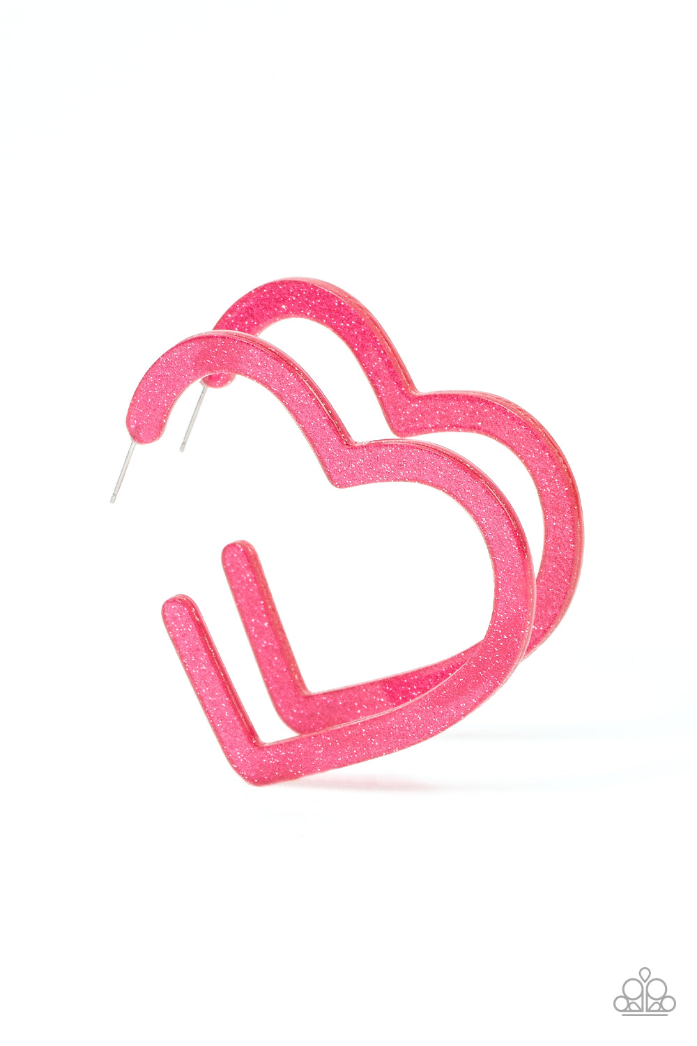 Heart-Throbbing Twinkle - Pink Acrylic Heart Hoop Earrings dusted in sparkles, a pink acrylic frame delicately curls into a flat heart frame for a flirtatious finish. Earring attaches to a standard post fitting. Hoop measures approximately 2 1/2" in diameter.  Sold as one pair of hoop earrings.
