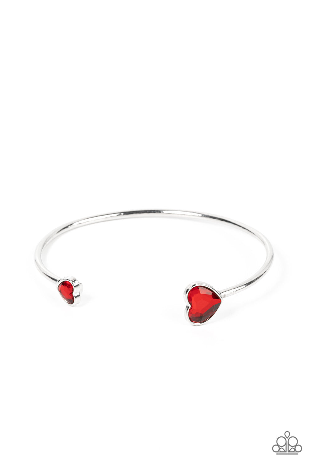 Unrequited Love - Red Heart Cuff Bracelets enhanced with glitzy red rhinestones, two silver hearts adorn the ends of a silver band that curls around the wrist for a flirtatious open-faced style cuff. Sold as one individual bracelet.