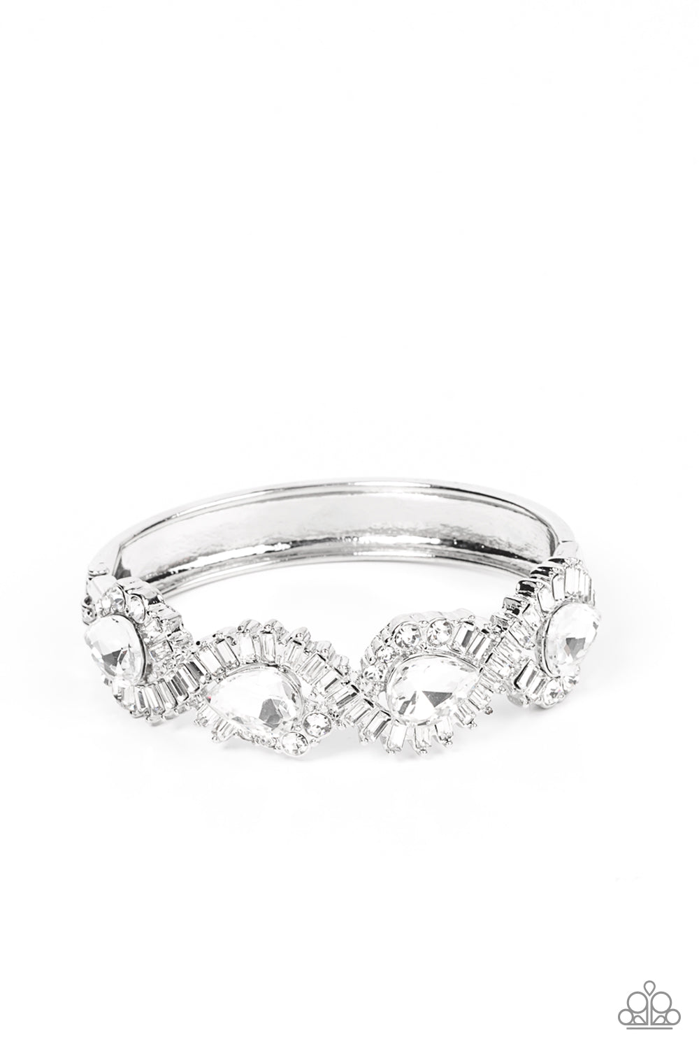 For the Win - White Rhinestone EMP Bracelets ribbons of emerald and round cut rhinestones loop around dramatically oversized teardrop rhinestones, resulting in an explosion of sparkle across the front of a jaw-dropping bangle-like bracelet. Features a hinged closure. Sold as one individual bracelet.
