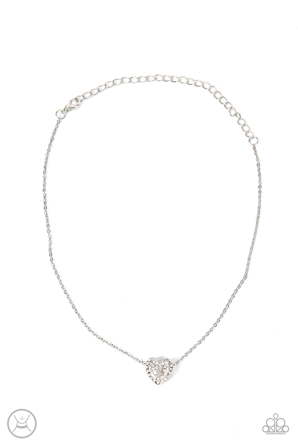 Twitterpated Twinkle - White Heart Rhinestone Choker Necklaces encrusted in glassy white rhinestones, a dainty heart frame sparkles along a dainty silver chain around the neck for a flirty finesse. Features an adjustable clasp closure. Sold as one individual choker necklace. Includes one pair of matching earrings.