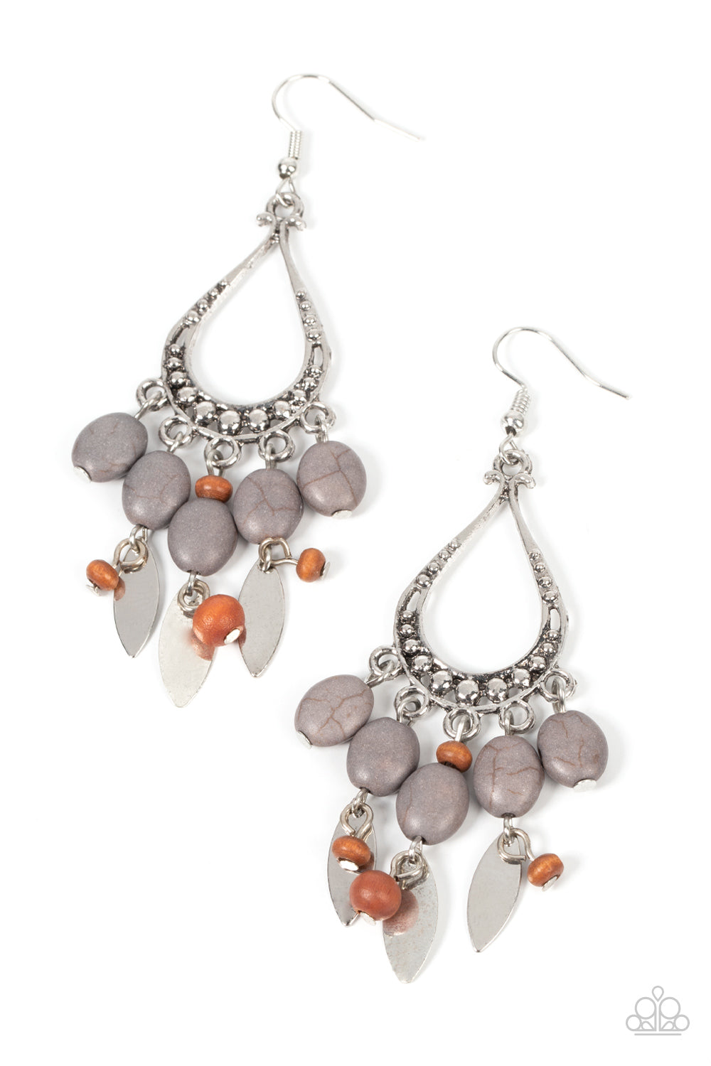 Paparazzi Accessories - Adobe Air - Silver Earrings an earthy assortment of Ultimate Gray stones, wooden beads, and rustic silver frames cascade from the bottom of a studded silver teardrop, resulting in an artisan inspired fringe. Earring attaches to a standard fishhook fitting. Sold as one pair of earrings.