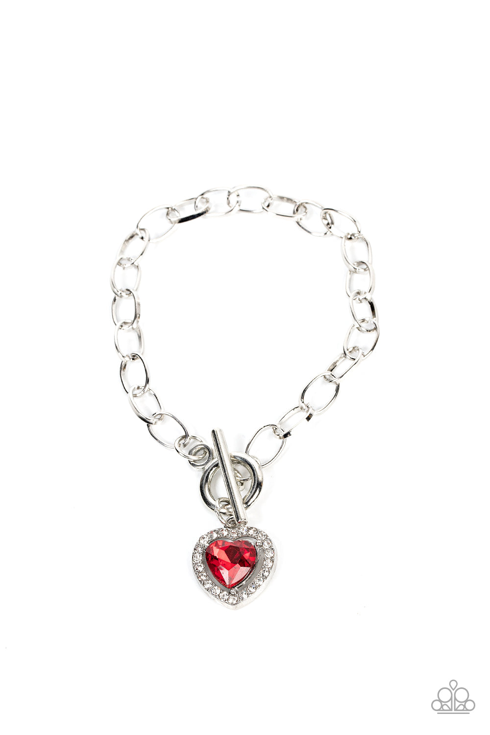 Til DAZZLE Do Us Part - Red Heart Toggle Bracelets bordered in glassy white rhinestones, a red heart shaped gem sparkles from a toggle closure at the center of an oval silver linked chain for a flirtatious fashion around the wrist. Features a toggle closure. Sold as one individual bracelet.