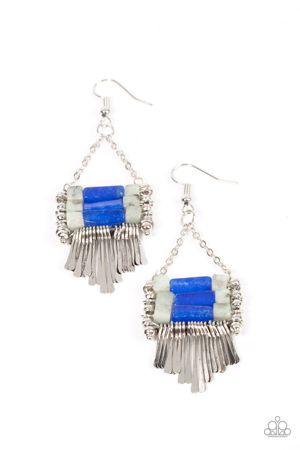 Riverbed Bounty - Blue Chandelier Earrings flared silver rods swing from the bottom of a stacked row of natural blue and speckled stones, resulting in an earthy chandelier. Earring attaches to a standard fishhook fitting.  Sold as one pair of earrings.