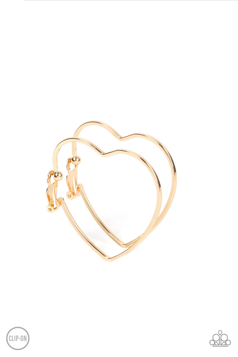 Harmonious Hearts - Gold Clip-On Heart Earrings glistening gold bar delicately curves into an oversized heart frame, resulting in a heart-stopping shimmer. Earring attaches to a standard clip-on fitting.  Sold as one pair of clip-on earrings.