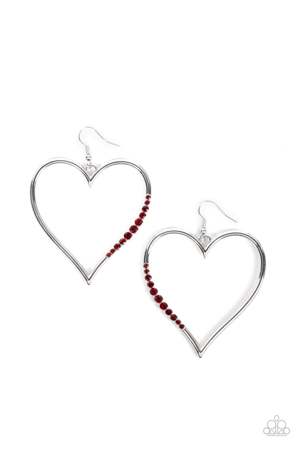 Bewitched Kiss - Red Rhinestone Heart Earrings a section of fiery red rhinestones adorns a curvaceous silver heart frame, resulting in a heart-stopping sparkle. Earring attaches to a standard fishhook fitting. Sold as one pair of earrings.
