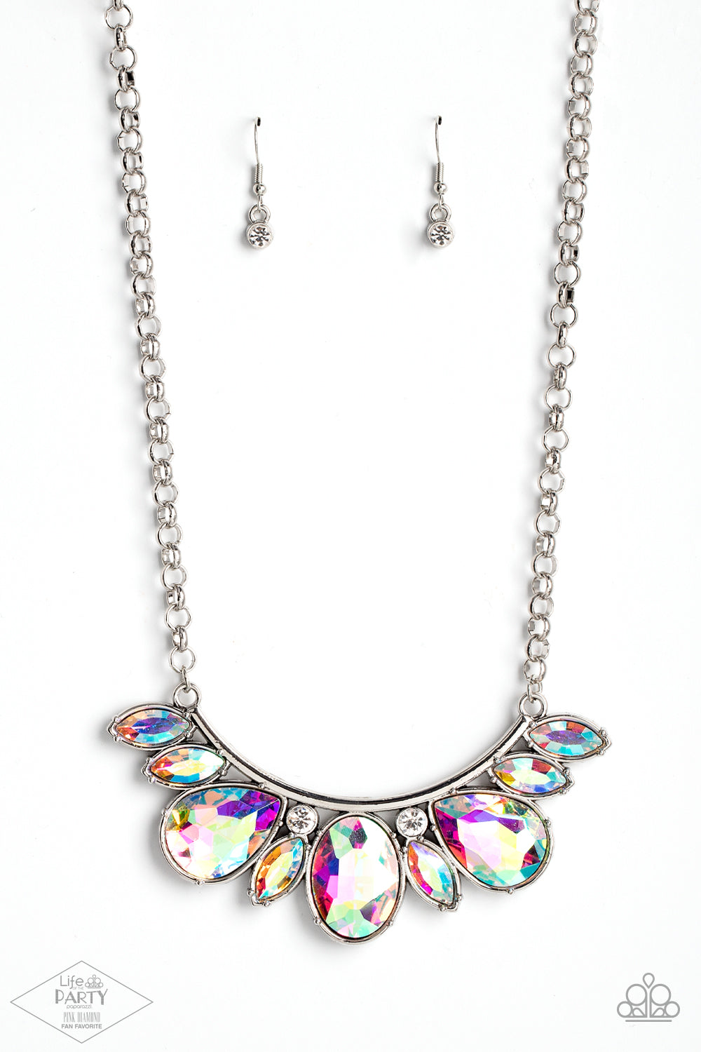 Paparazzi Never Slay Never - Iridescent Multi Necklaces infused with a pair of glassy white rhinestones, an oversized collection of marquise and teardrop iridescent rhinestones drips from the bottom of a bowing silver bar, coalescing into a sassy statement piece below the collar. Features an adjustable clasp closure.  Sold as one individual necklace. Includes one pair of matching earrings.  Life of the Party