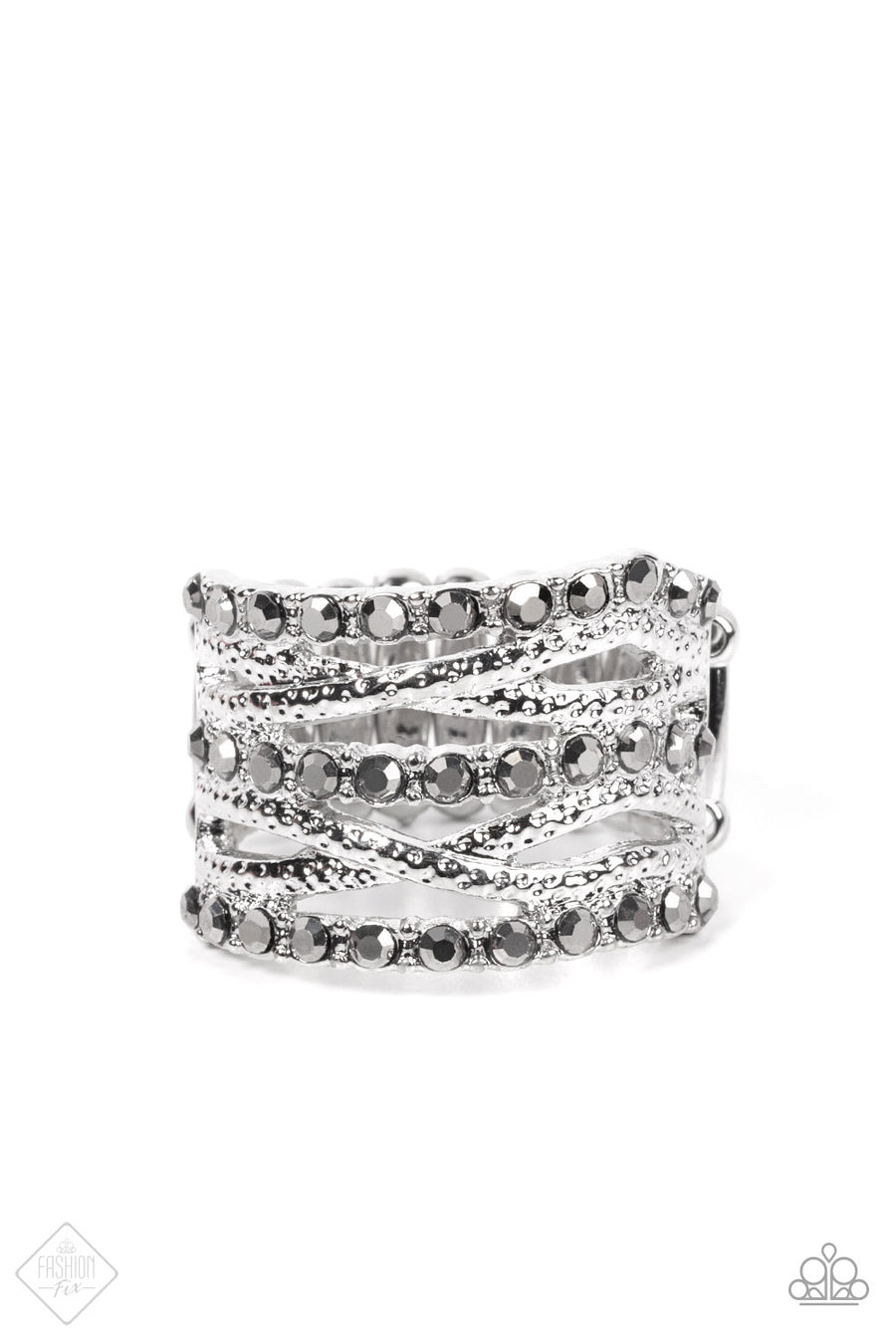 Paparazzi Unthinkable Twinkle - Silver Hematite Ring uneven rows of hematite rhinestones and hammered silver bands layer and crisscross across the finger, resulting in gritty glitz atop the finger. Features a stretchy band for a flexible fit.  Sold as one individual ring.  Fashion Fix February 2022