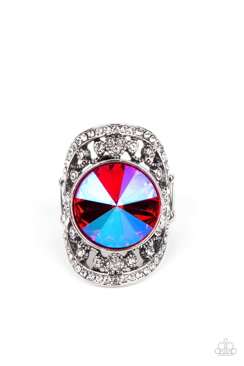 Paparazzi Accessories Galactic Garden - Pink Opalescent Convention Rings a dramatically oversized, opalescent pink gem is pressed into the center of an oval silver frame dotted and bordered in glassy white rhinestones, resulting in a sparkly filigree-filled centerpiece atop the finger. Features a stretchy band for a flexible fit.  Sold as one individual ring.  2022 Glow Convention
