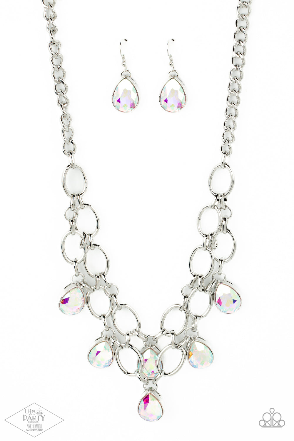 Paparazzi Show-Stopping Shimmer - Iridescent Necklaces joined by dainty silver links, two rows of dramatic silver chain layer below the collar in a fierce fashion. Iridescent teardrop gems drip from the glistening layers, adding a timeless shimmer to the show-stopping piece. Features an adjustable clasp closure.  Sold as one individual necklace. Includes one pair of matching earrings.  Life of the Party Exclusive