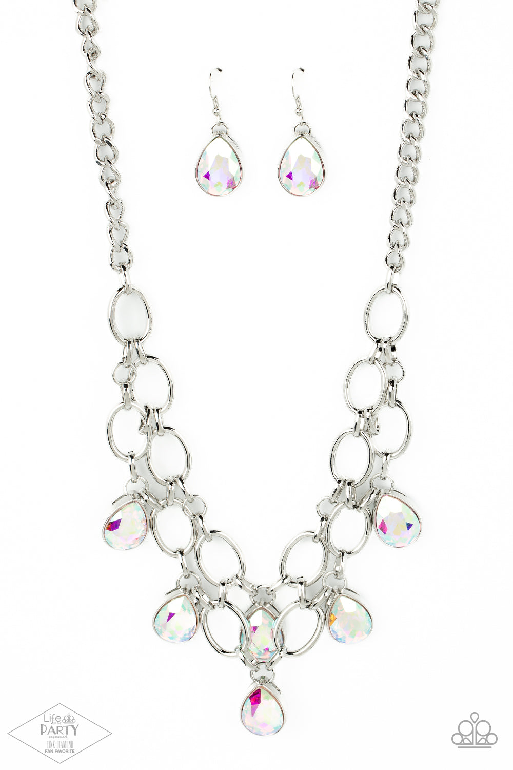 Paparazzi Show-Stopping Shimmer - Iridescent Necklaces joined by dainty silver links, two rows of dramatic silver chain layer below the collar in a fierce fashion. Iridescent teardrop gems drip from the glistening layers, adding a timeless shimmer to the show-stopping piece. Features an adjustable clasp closure.  Sold as one individual necklace. Includes one pair of matching earrings.  Life of the Party Exclusive 