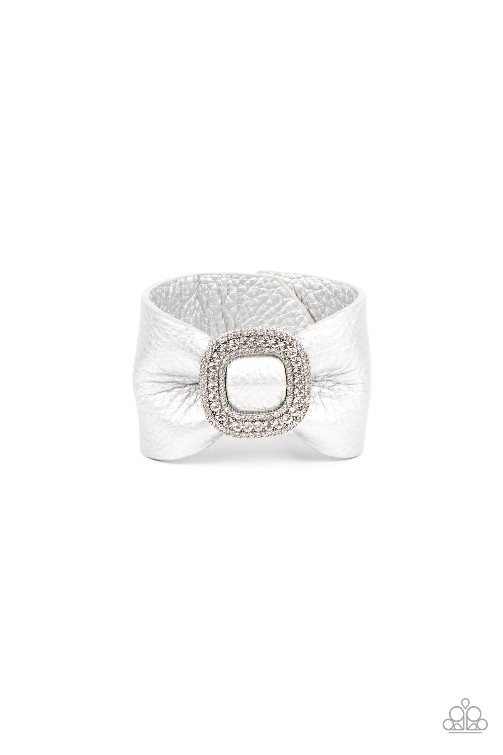 Paparazzi Lights, SELFIE, Action - Silver Bracelets a silver finish, a thick pleather band delicately knots around the wrist. Stacked with brilliant white rhinestones, a dramatic silver buckle sparkles at the center of the wrist for a dramatic finish. Features an adjustable snap closure.  Sold as one individual bracelet.