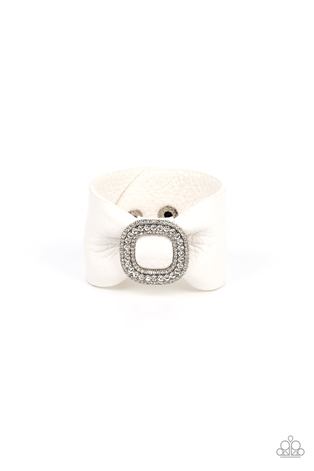 Paparazzi Lights, SELFIE, Action - White Leatherette Bracelets athick white pleather band delicately knots around the wrist. Stacked with brilliant white rhinestones, a dramatic silver buckle sparkles at the center of the wrist for a dramatic finish. Features an adjustable snap closure. Sold as one individual bracelet.