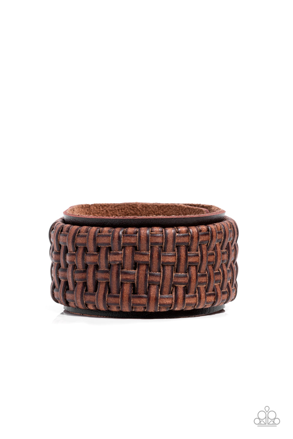 Paparazzi Accessories Urban Expansion - Brown Urban Leather Convention Bracelets distressed leather laces weave into a wicker-like pattern, creating a thick band of texture that wraps around a leather band. The textured overlay is studded in place across the front of the brown leather band, resulting in a rustic centerpiece. Features an adjustable snap closure.  Sold as one individual bracelet.  2022 Glow Convention 