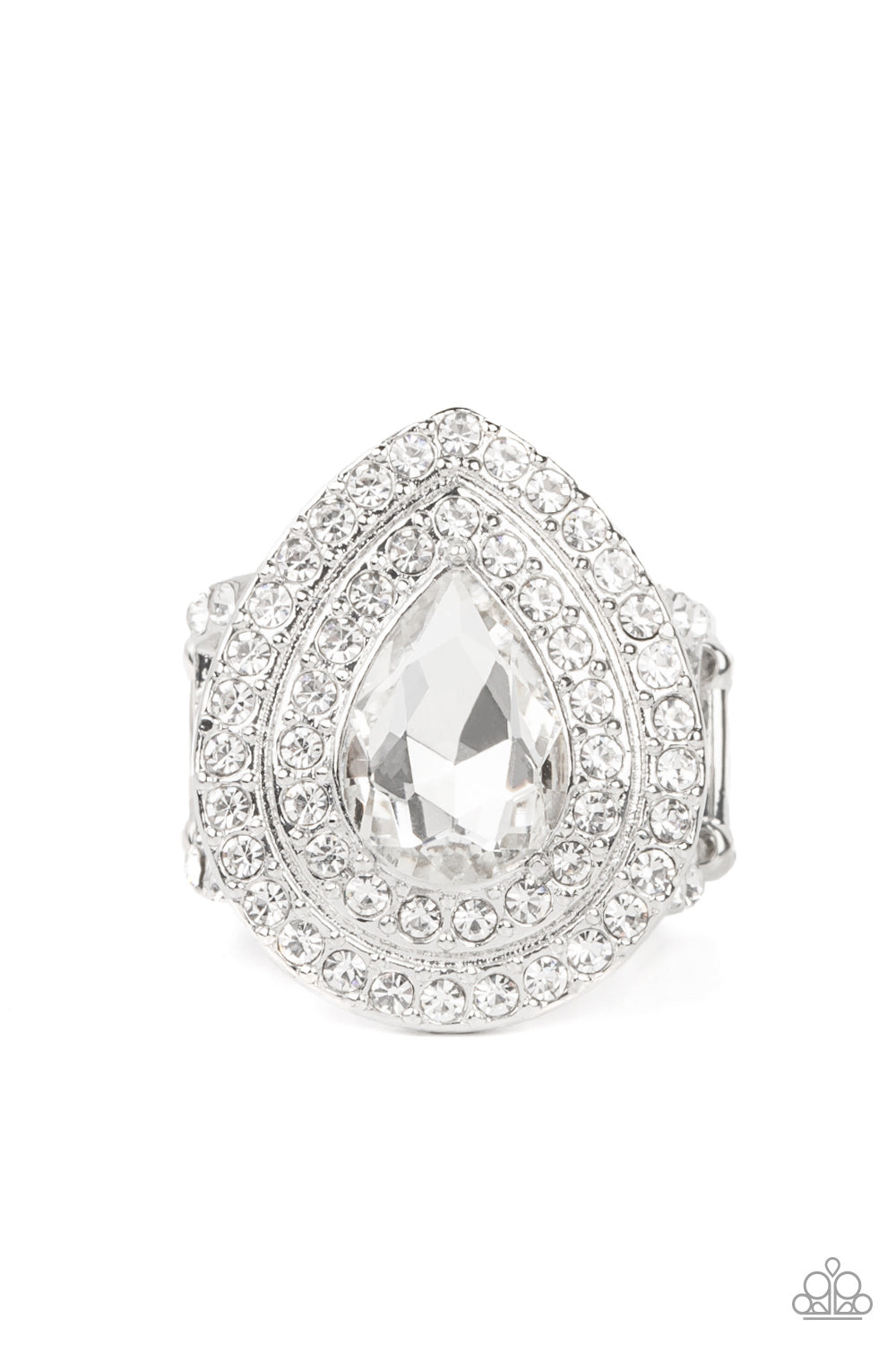 Icy Indulgence - White Rhinestone May Life of the Party Rings a dramatically oversized white teardrop gem twinkles inside two borders of glassy white rhinestones, resulting in a sparkly statement atop the finger. Features a stretchy band for a flexible fit.  Sold as one individual ring.