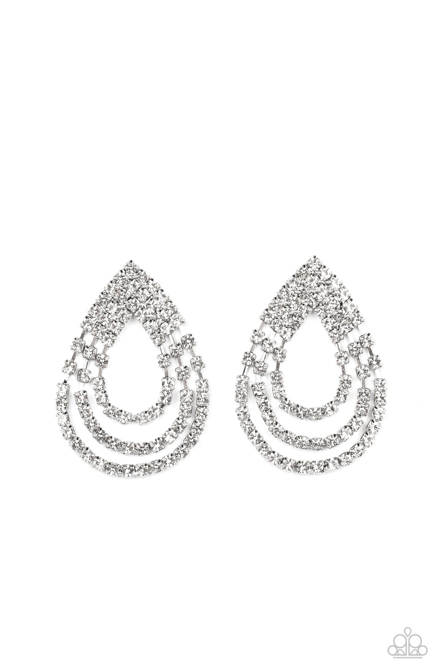 Paparazzi Accessories Take a POWER Stance - White Rhinestone Convention Earrings loops of glassy white rhinestones ripple out from the bottom of a stationary triangular fitting that is dotted in glittery white rhinestones, resulting in a timeless teardrop chandelier. Earring attaches to a standard post fitting. Sold as one pair of post earrings. 2022 Glow Convention