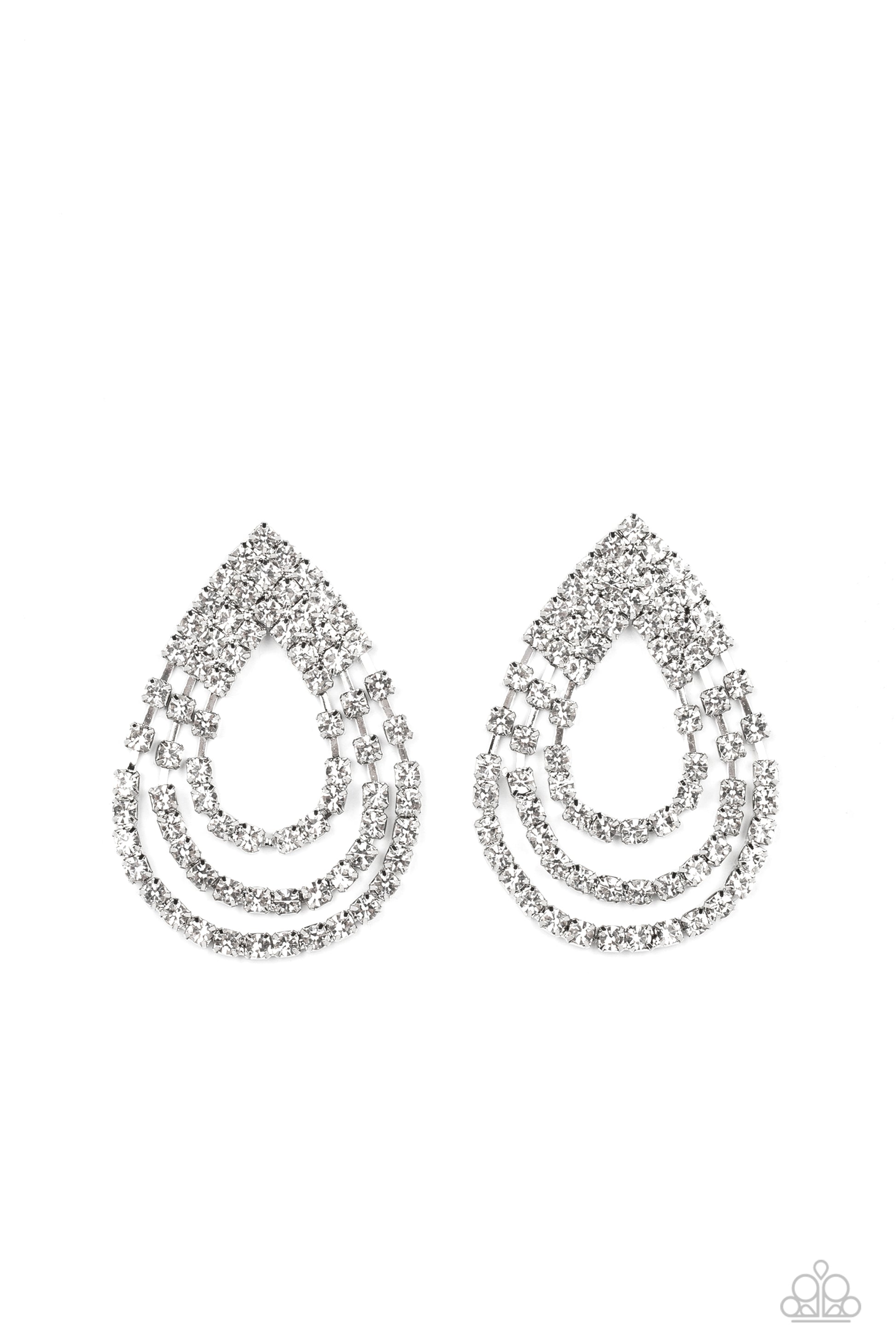 Paparazzi Accessories Take a POWER Stance - White Rhinestone Convention Earrings loops of glassy white rhinestones ripple out from the bottom of a stationary triangular fitting that is dotted in glittery white rhinestones, resulting in a timeless teardrop chandelier. Earring attaches to a standard post fitting.  Sold as one pair of post earrings.  2022 Glow Convention