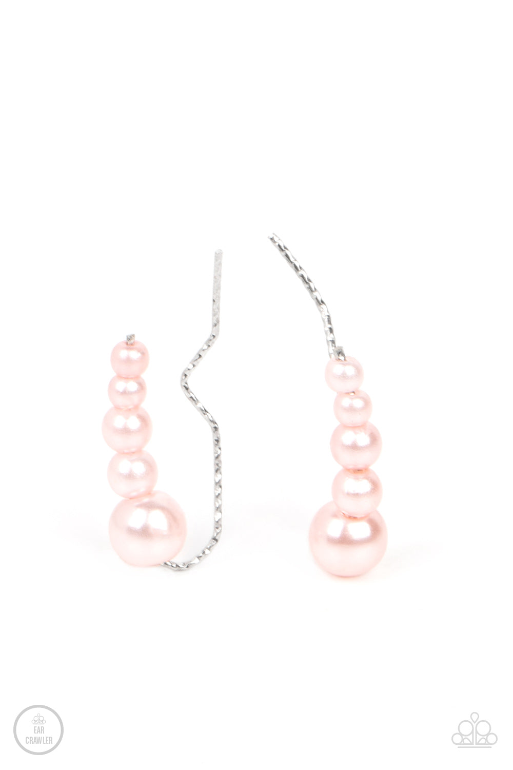 Paparazzi Accessories - Dropping into Divine - Pink Pearl Ear Crawler a bubbly cluster of dainty pink pearls decrease in size as they climb the ear, curving into an effervescent accent. Features an extended post fitting that climbs the back of the ear and can be pressed together for a more secure fit. Sold as one pair of ear crawlers.