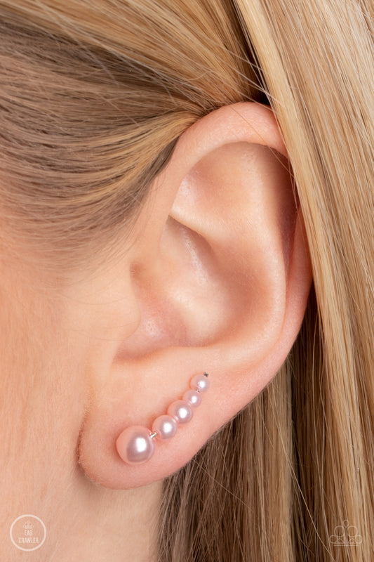 Paparazzi Accessories - Dropping into Divine - Pink Pearl Ear Crawler a bubbly cluster of dainty pink pearls decrease in size as they climb the ear, curving into an effervescent accent. Features an extended post fitting that climbs the back of the ear and can be pressed together for a more secure fit.  Sold as one pair of ear crawlers.