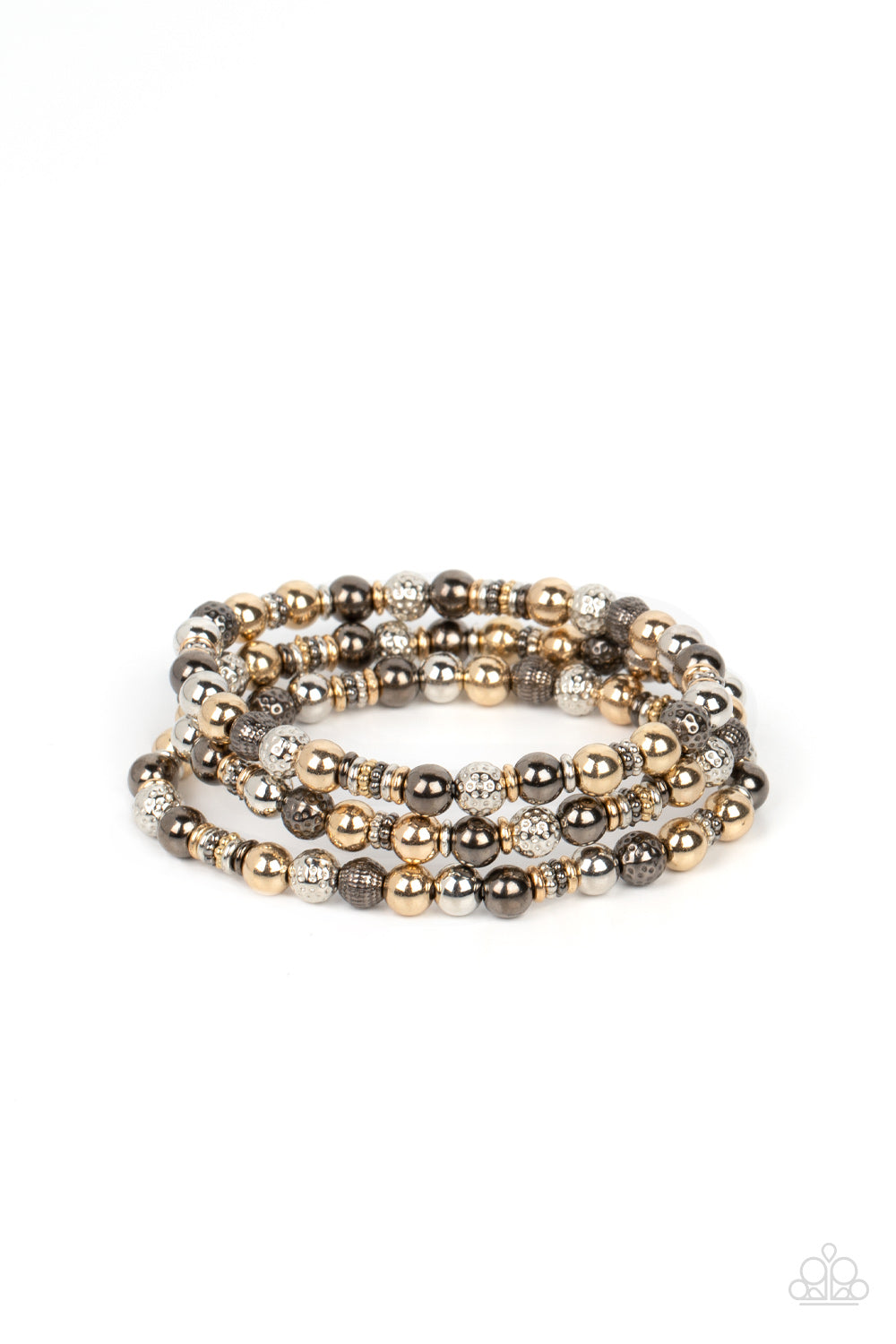 Paparazzi Accessories - Boundless Boundaries - Multi Beaded Bracelets a gritty collection of smooth, studded, and textured gold, gunmetal, and silver beads are threaded along stretchy bands around the wrist, creating dainty layers. Sold as one set of three bracelets.