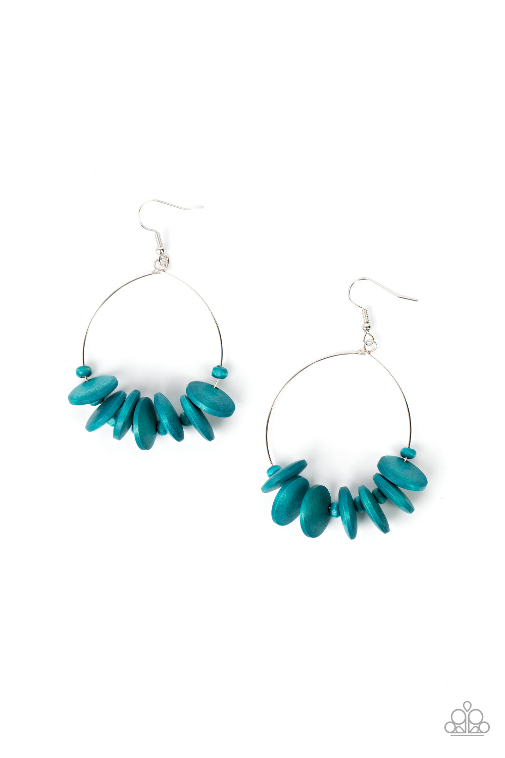Paparazzi Accessories - Surf Camp - Blue Wooden Earrings separated by dainty Harbor Blue wooden beads, Harbor Blue wooden discs are threaded along a dainty wire hoop for a colorful tropical flair. Earring attaches to a standard fishhook fitting. Sold as one pair of earrings.