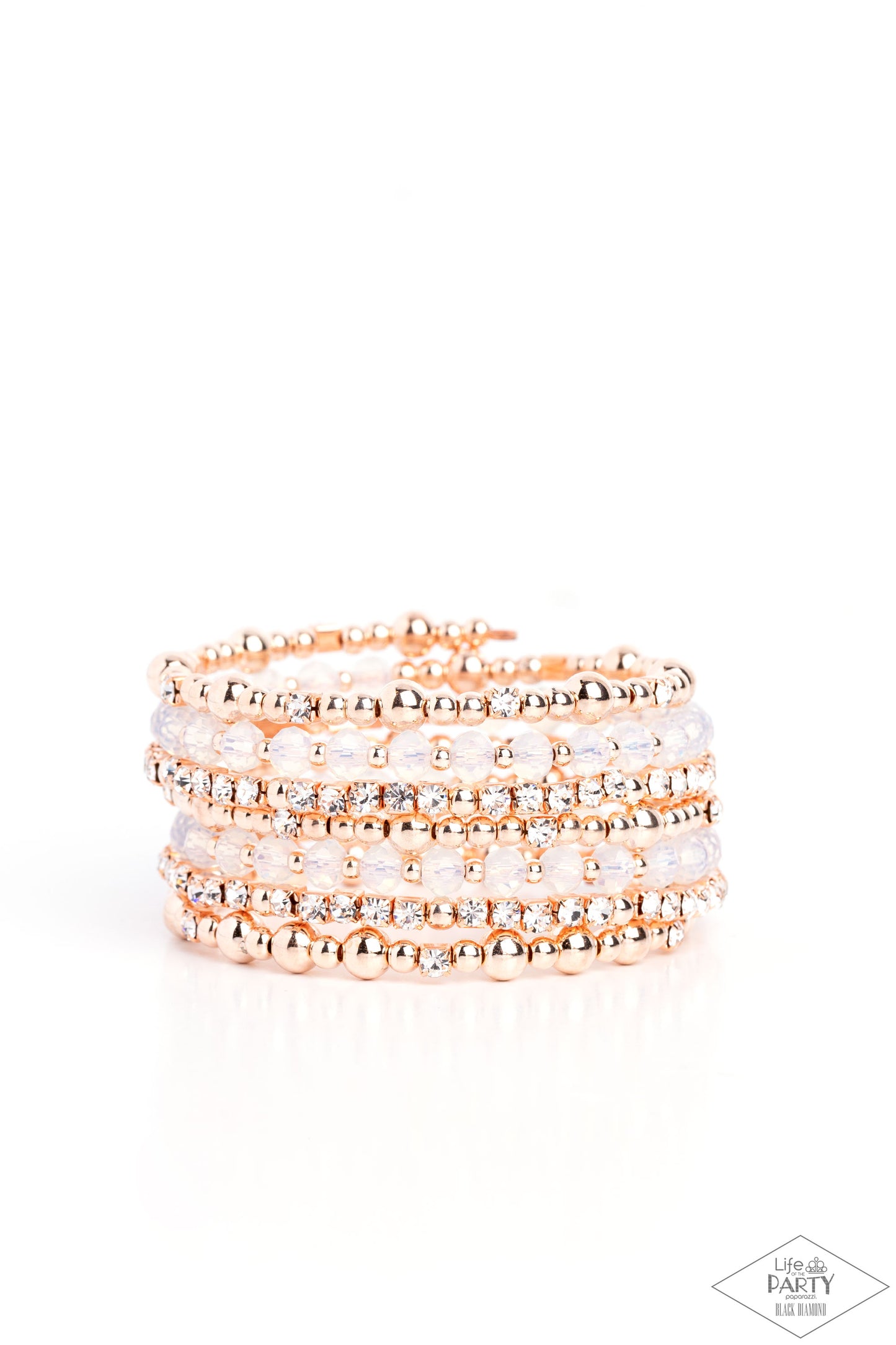 Paparazzi Accessories - Ice Knowing You - Rose Gold Bracelets an icy collection of rose gold beads, rose gold cubes, opaque crystals, and glassy white rhinestones are threaded along a coiled wire, creating a blinding infinity wrap style bracelet around the wrist. Sold as one individual bracelet.