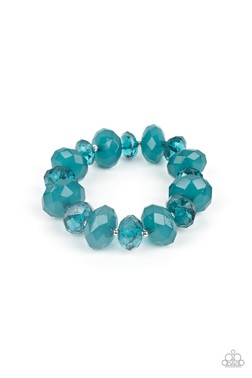 Paparazzi Accessories - Keep GLOWING Forward - Blue Bracelet infused with dainty silver beads, oversized opaque and glassy Harbor Blue crystal-like beads alternate along stretchy bands around the wrist for a playful pop of color. Sold as one individual bracelet. Get The Complete Look! Necklace: "Happy-GLOW-Lucky - Blue" (Sold Separately)