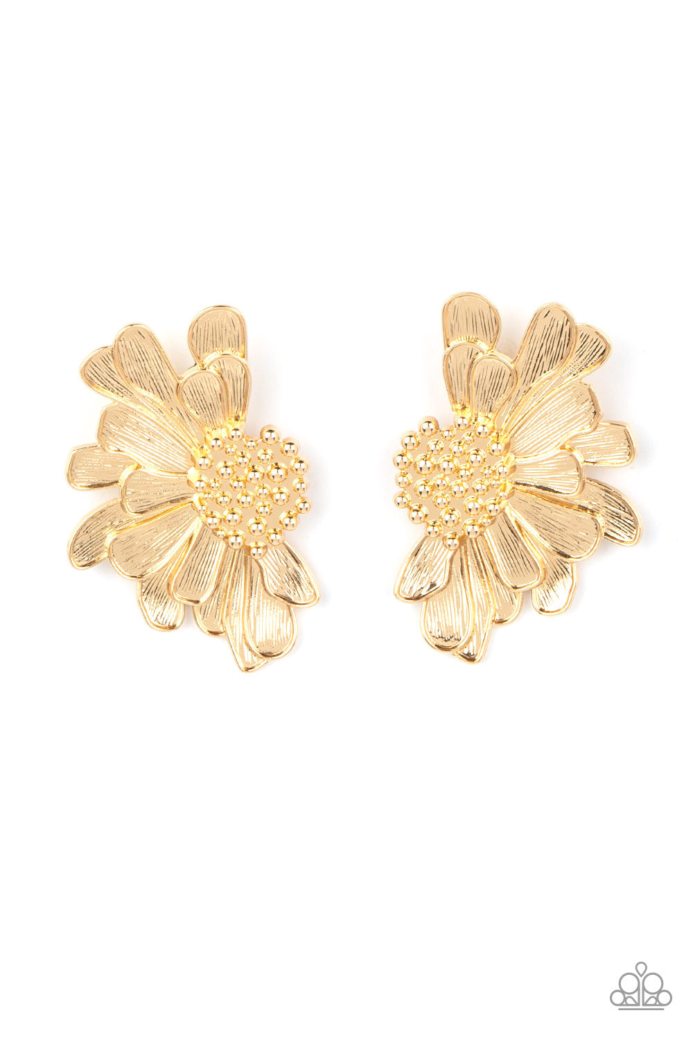 Farmstead Meadow - Gold Floral Earrings imperfect gold petals bloom from a studded center, layering into a glided half blossom for a whimsical flair. Earring attaches to a standard post fitting.  Sold as one pair of post earrings.