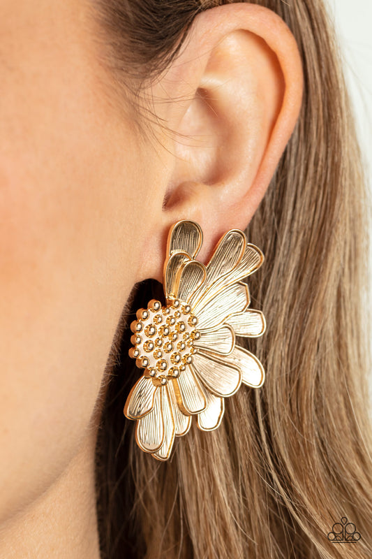 Farmstead Meadow - Gold Floral Earrings imperfect gold petals bloom from a studded center, layering into a glided half blossom for a whimsical flair. Earring attaches to a standard post fitting.  Sold as one pair of post earrings.